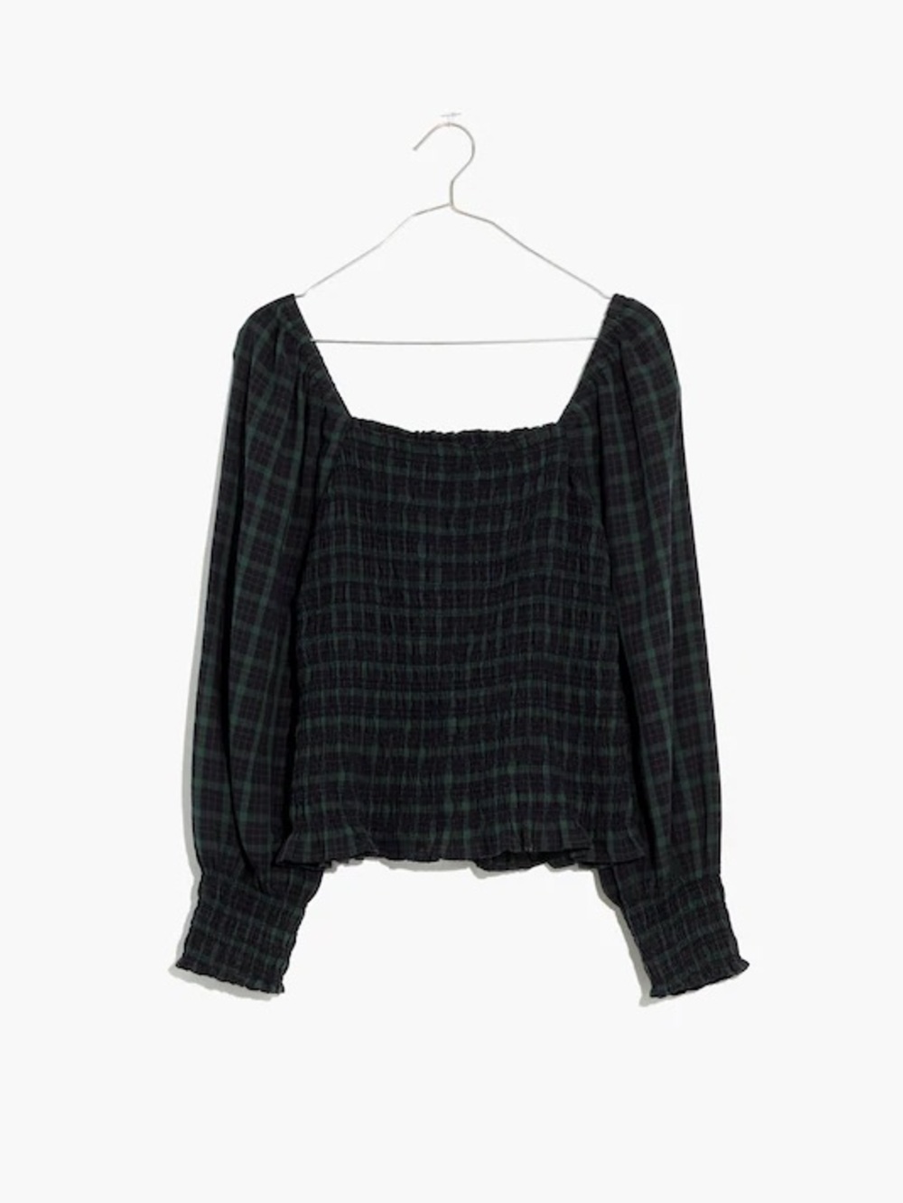 Madewell Lucie Bubble-Sleeve Smocked Top in Forest and Navy Plaid Women’s Large - Picture 2 of 2